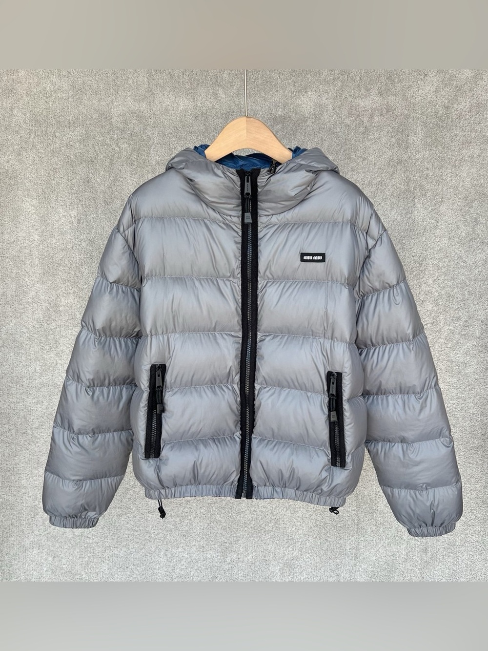 NWOT Miu Miu Light Pongé Down Hoodie Jacket in Gray, Size 36/38/40